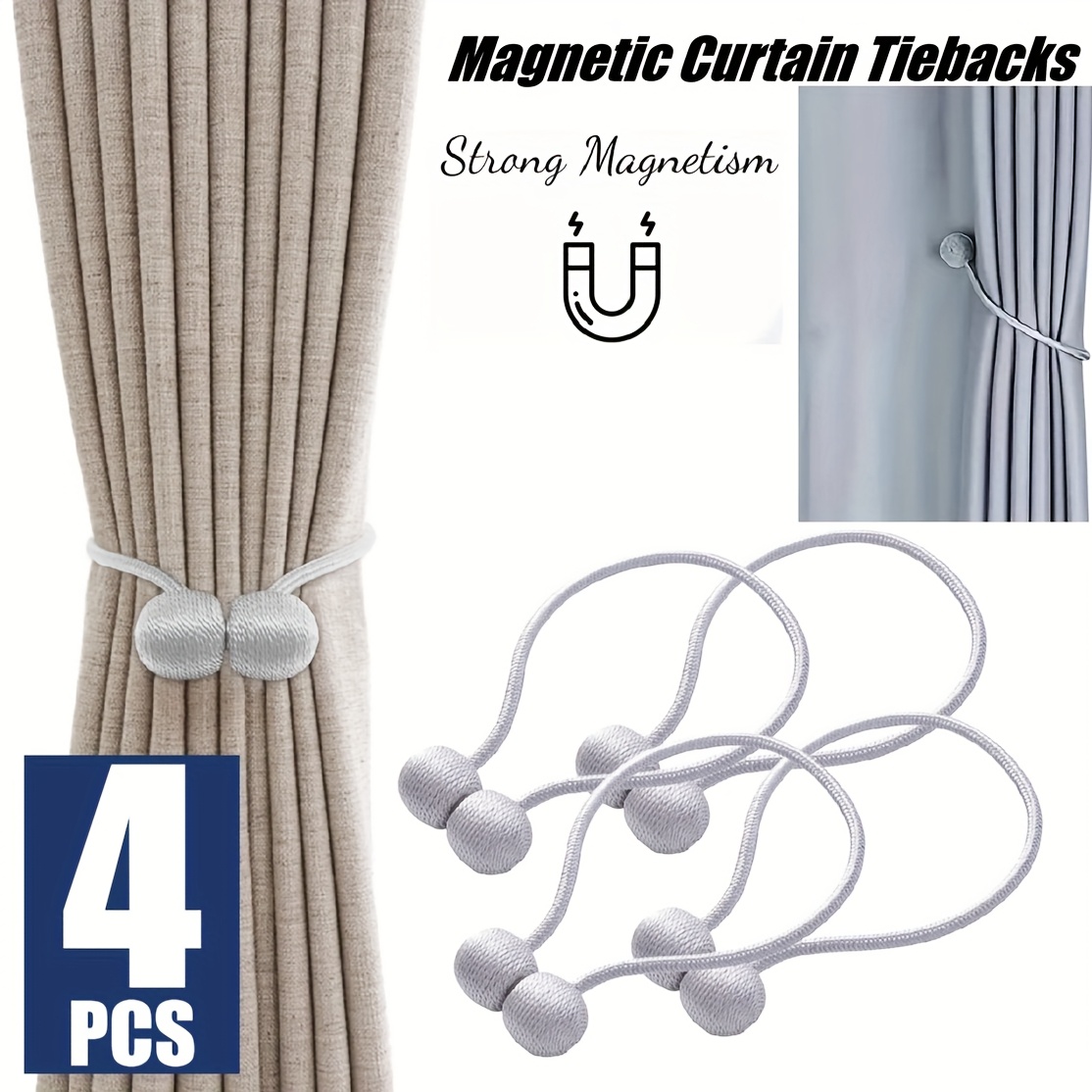 TEMU (4pcs) Magnetic Curtain Tiebacks, 48cm, Strong Magnet With Woven Texture For Drapes, Sheers, And Shower Curtains, No Tools Required. Curtain