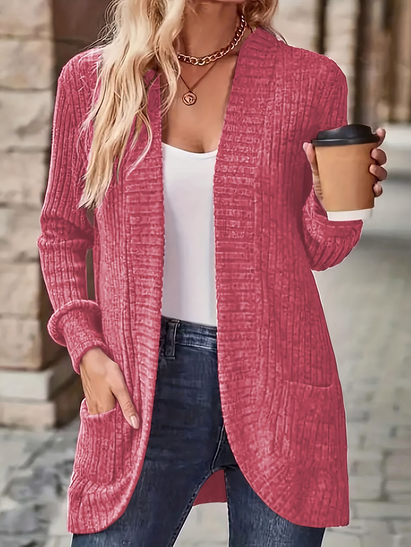 Women's Elegant Casual Cardigan Vibrant Pink Open Front Long Sleeve  Spring/Fall Layering Piece, Machine Washable Regular Fit H-Silhouette  Sweater fo