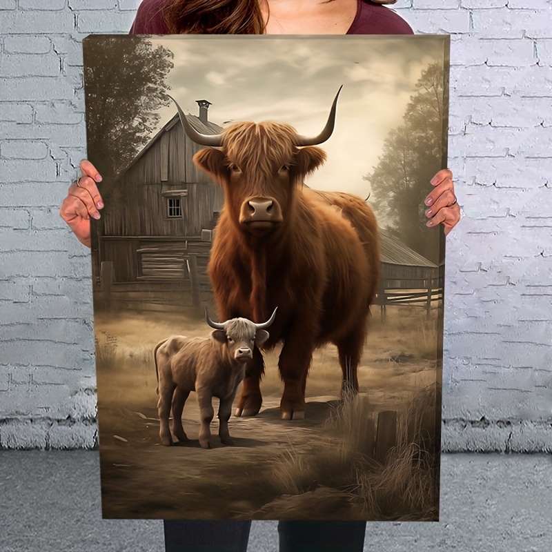 

1pc Wooden Framed Canvas Painting Highland Cow And Pasture Wall Art Prints For Home Decoration, Living Room & Bedroom, Festival Party Decor, Gifts, Ready To Hang