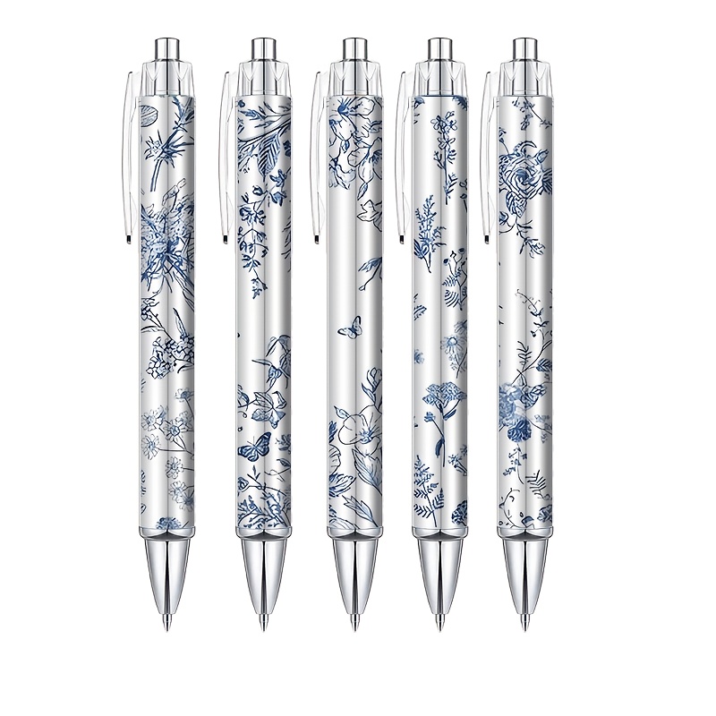 Image of 5pcs Blue And White Porcelain Pen 0.5mm Black Ink Fancy Pens Smooth Writing Retractable Ballpoint Pens For Journaling Aesthetic Office Supplies (blueandwhiteporcelain)