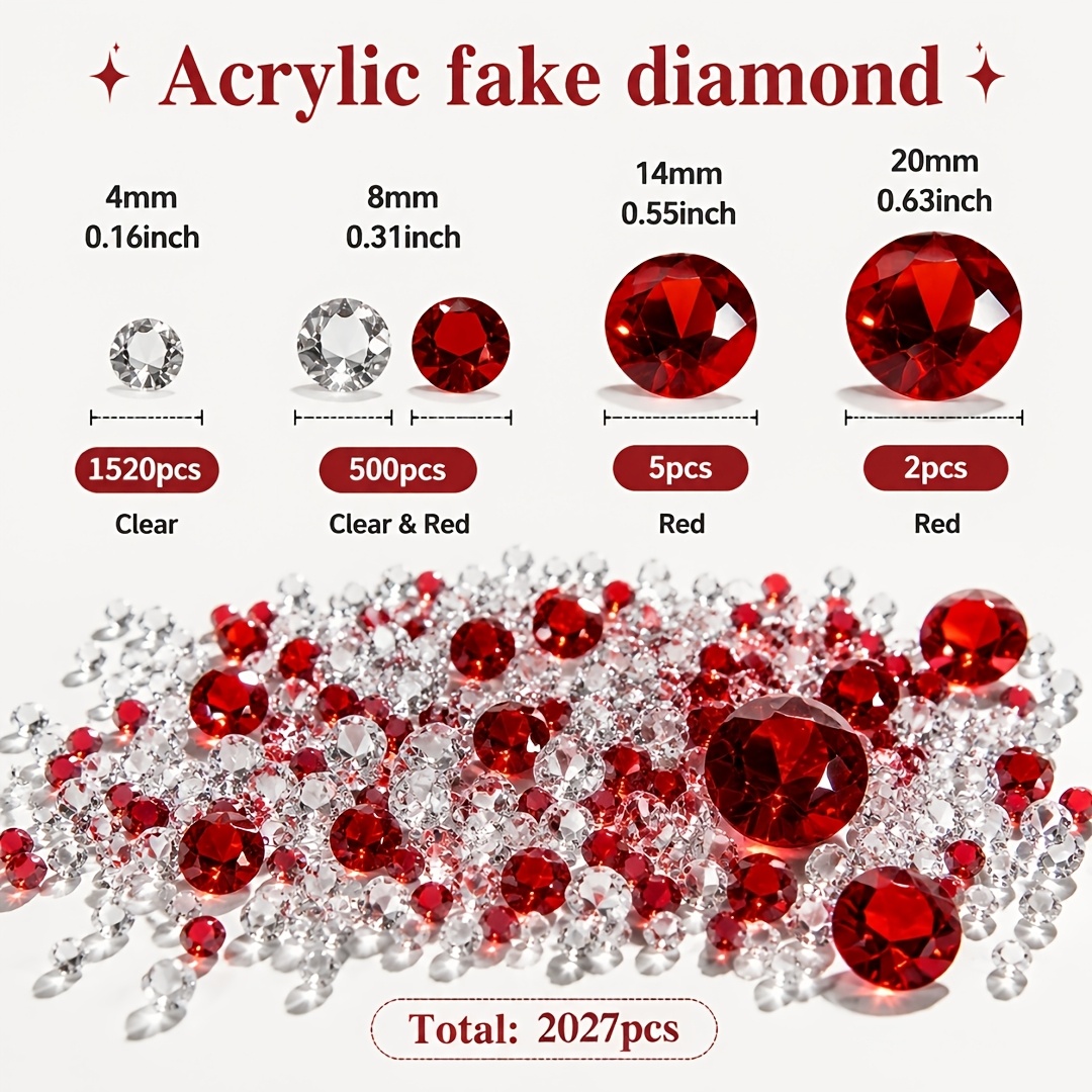 TEMU 2027pcs Acrylic Red Fake Diamonds, Vase Filling, Home Decoration, Garden Decor, Supplies, Christmas Gifts, Room Decor, Christmas Decorations,