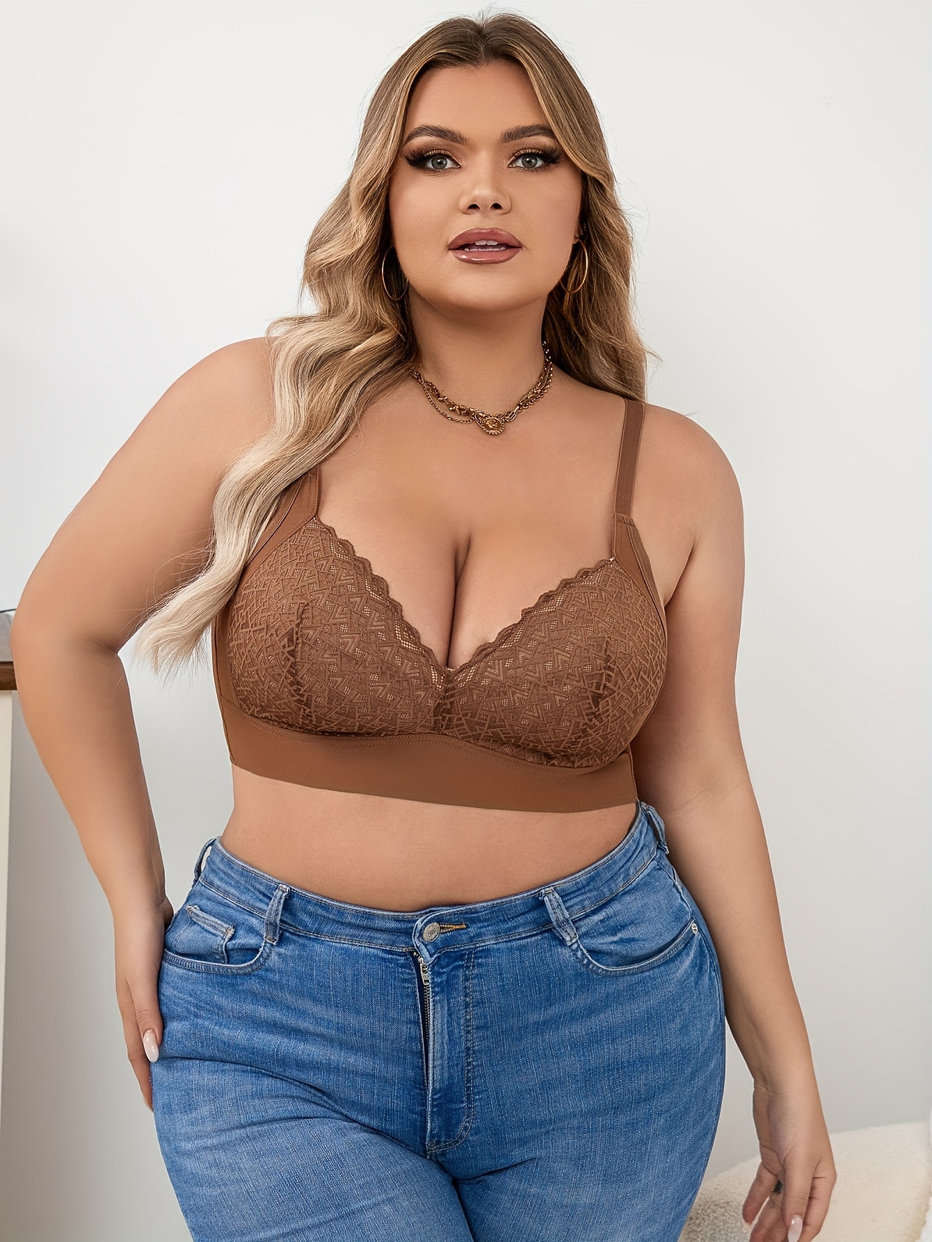 Plus Size Sexy Bra Womens Plus Solid Contrast Lace Comfort - Temu