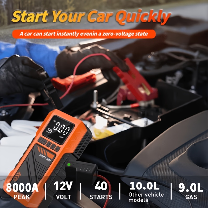 Upgraded 10-In-1 Multifunctional Portable Air Compressor, Equipped with 180 PSI Air Pump, Heavy-Duty Car Emergency Jump Start Kit, Emergency Starter Box for 5.0L Gasoline/101.44Oz Diesel, Portable Tire Inflator, 8000A Peak, 3 Modes Lighting
