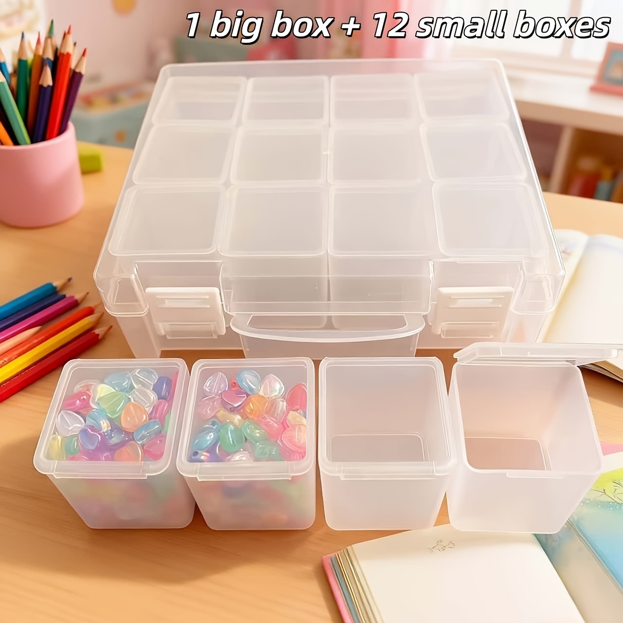 TEMU 13pcs [1pc Large Box And 12pcs Small Boxes] Large Capacity Multifunctional Bead Jewelry Storage For Box, Transparent Plastic Material Very