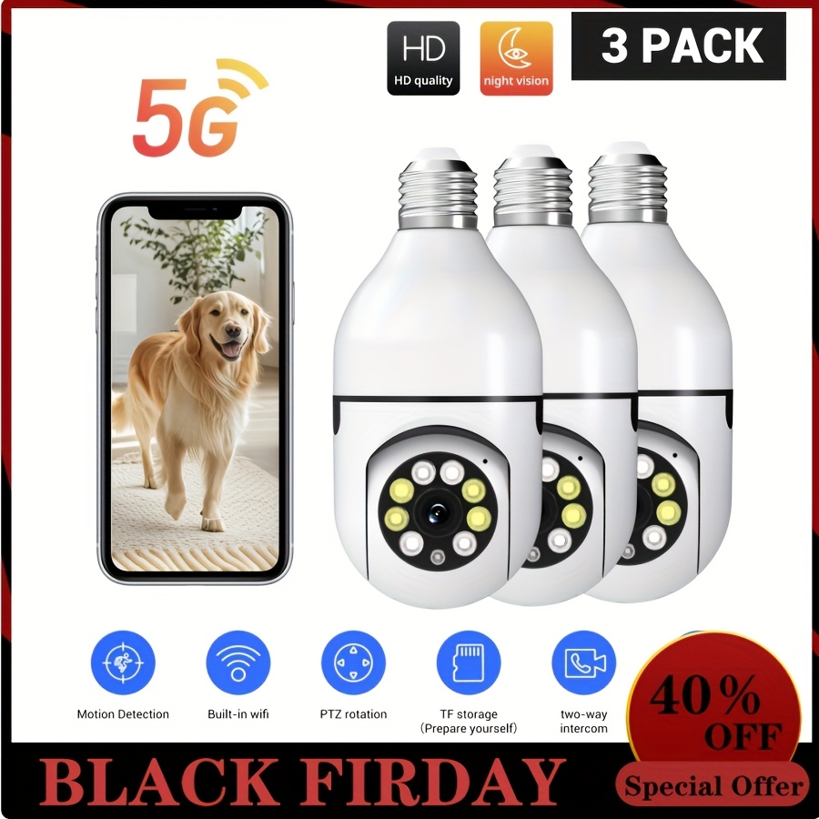 TEMU 3pcs 5ghz Light Bulb Security Cameras Indoor Outdoor Wireless Wifi Camera, 360 Degree, E27 Light Socket Screw In Security Cameras For Home Cam