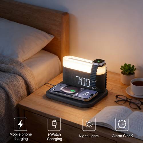 15w wireless charging digital alarm clock led touch bedside lamp with adjustable brightness charges mobile phones smartwatches perfect bedroom night light for home use