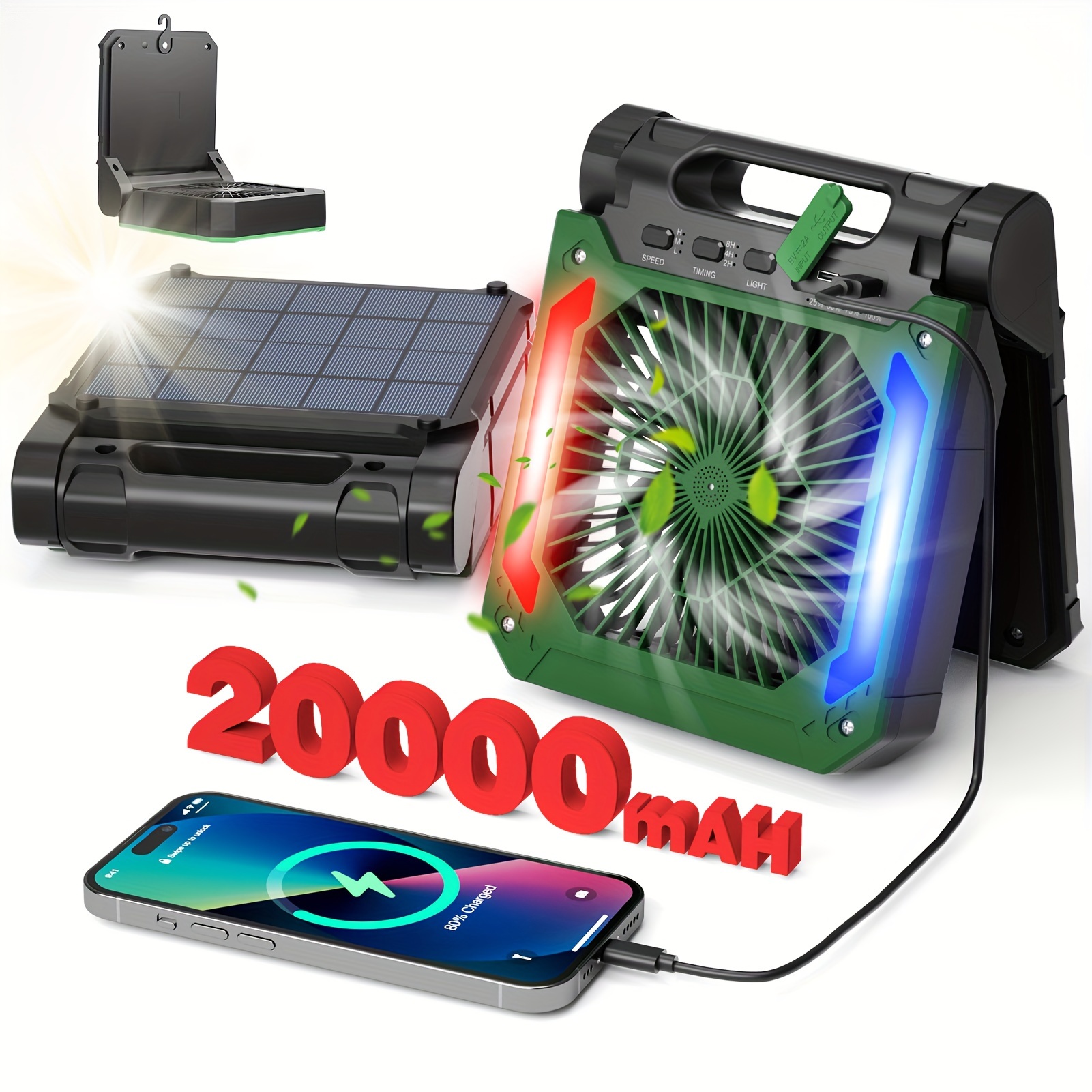 

20000mah Rechargeable Solar Camping Fan With Led Lantern, 3 Speeds Cordless Battery Powered Portable Fan With Powerbank, Timer & Hanging Hook, Quiet Desk Fan For Tent Hurricane , Green