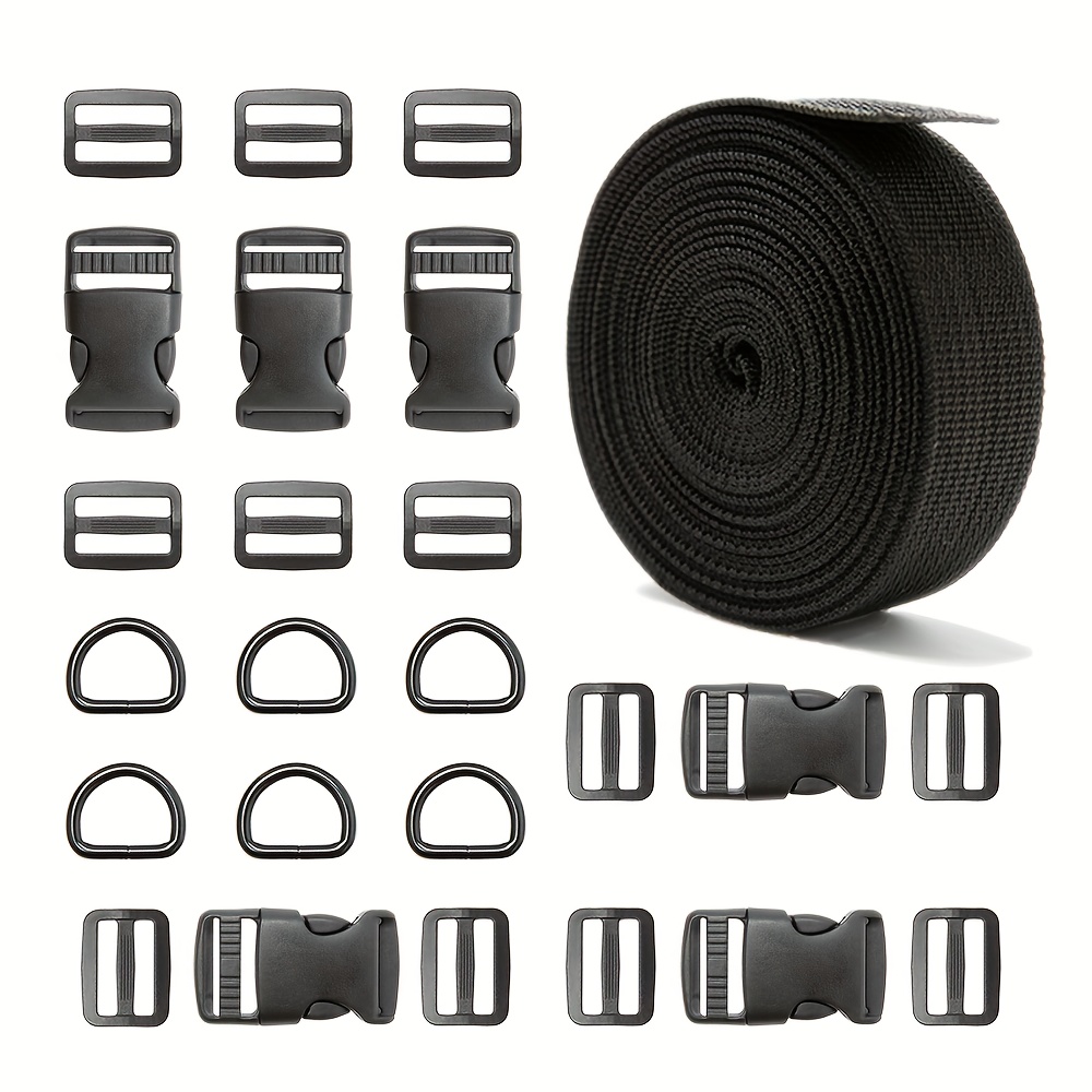 

25pcs Buckles Strap 1 Inch, Nylon Webbing Straps 6 Yards, Quick Side Release Plastic Buckle Dual Adjustable 6 Pack, Tri-glide Slide Clip 12pcs, Metal D Rings 6 Pcs