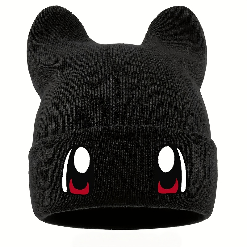 E-shop Niedliche Cartoon Großäugige Druck Strickmütze Herbst Winter Warme Unisex Ohne Krempe Hasenohr Neues Geschenk Mütze