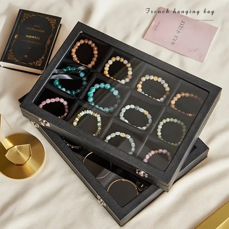 12 slot black leather jewelry box bracelet organizer for beaded necklaces rings earrings artificial handmade storage display case with desktop decoration Product details 2