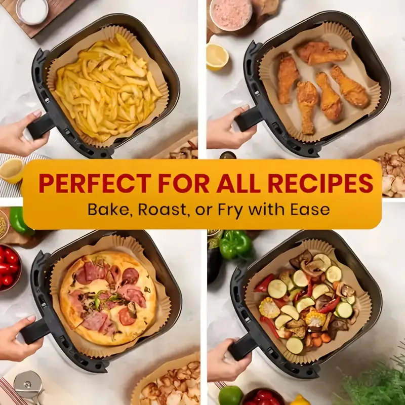100pcs air fryer liners disposable 8 inch square non stick parchment paper oil proof heat resistant 450 for 5 12qt baskets microwave oven safe precut for compatible with all air fryers home baking holiday cooking halloween christmas easter thanksgiving accessories for air fryer air fryer liner xl oilproof paper material durable liner meal preppers Product details 8