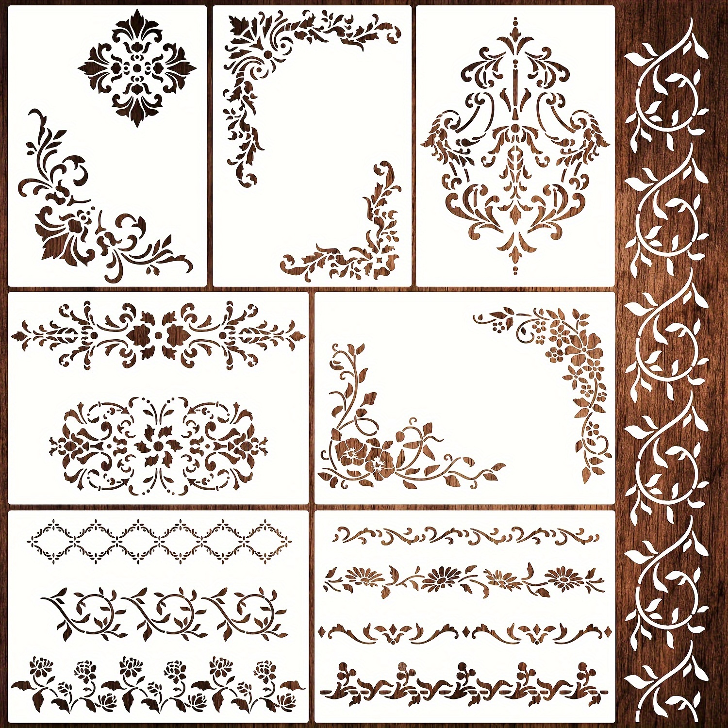 

7-piece Vintage Damask Corner Stencils Set - Reusable Templates For Diy Painting On Wood, Canvas, Paper, Fabric & Floors