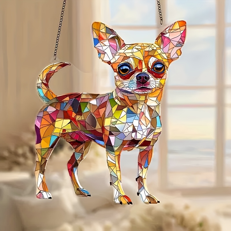 

1pc Chihuahua Suncatcher, 6.3"x8" Stained Dog Decor, Animal Theme Christmas Wall Art, Inspirational Gift, Office & Home Decoration, Garden Collectible, Dog Decor For Home