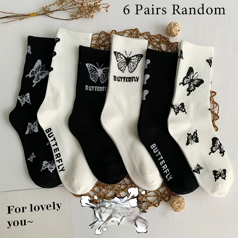 E-shop 6 Paar Damen Schmetterlingsdruck Socken - Niedliche Mid-Calf Socken mit -Muster, Atmungsaktive Weiche Socken für , Workouts, Schick oder Casual