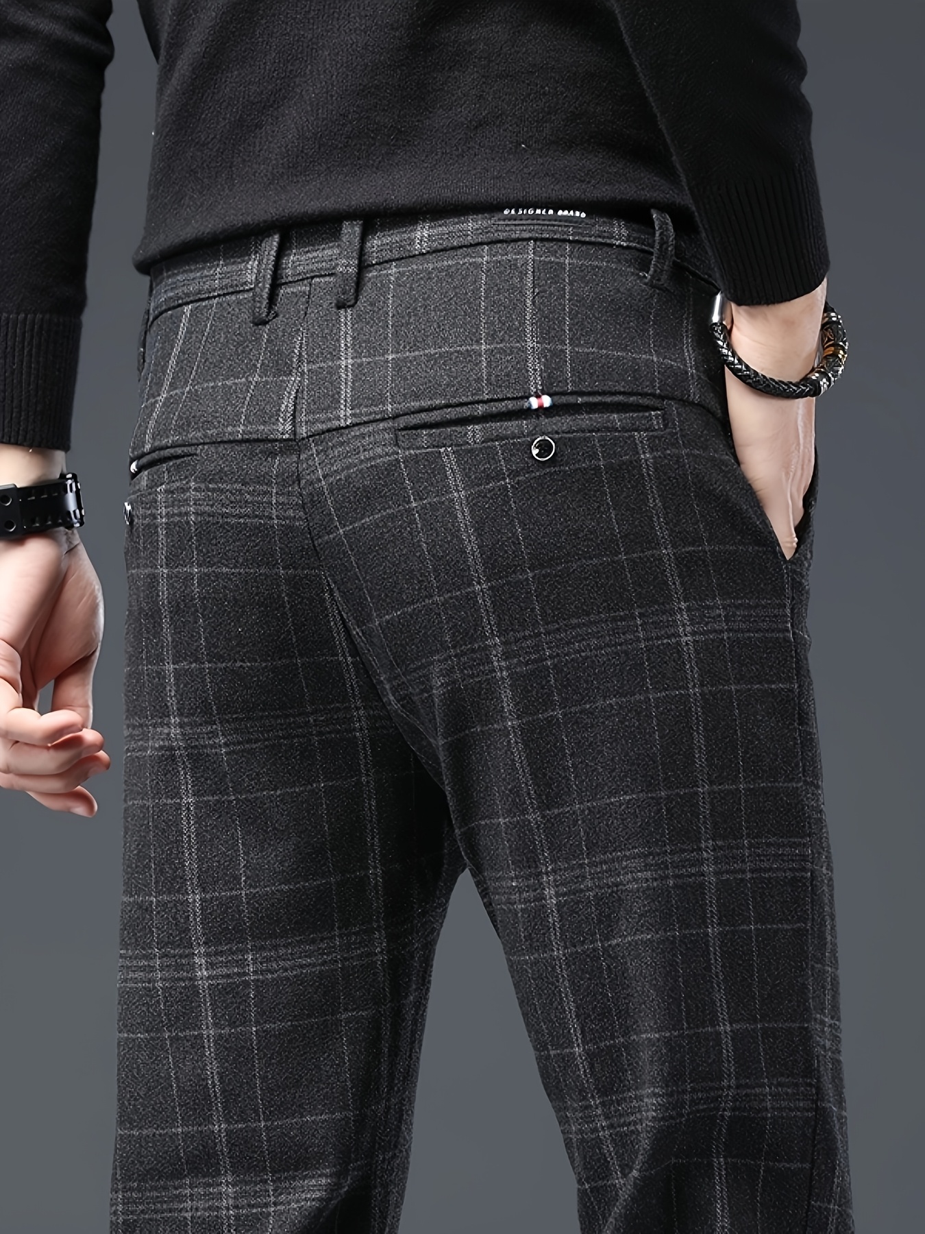 mens   fit straight leg plaid pants brushed stretchy comfortable stylish new   for autumn and winter Product details 3