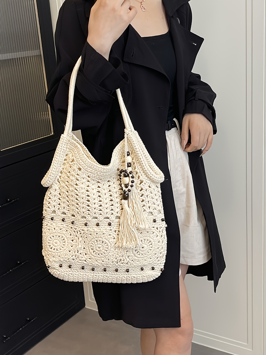Women's Tote Bag, Vacation Bag in Khaki/Beige, Crochet Boho Hobo Bag, Beach Bag for Women, Bohemian Woven Handbag, Summer Vacation Beach Handbag, Bohemian Crossbody Bag with Tassels