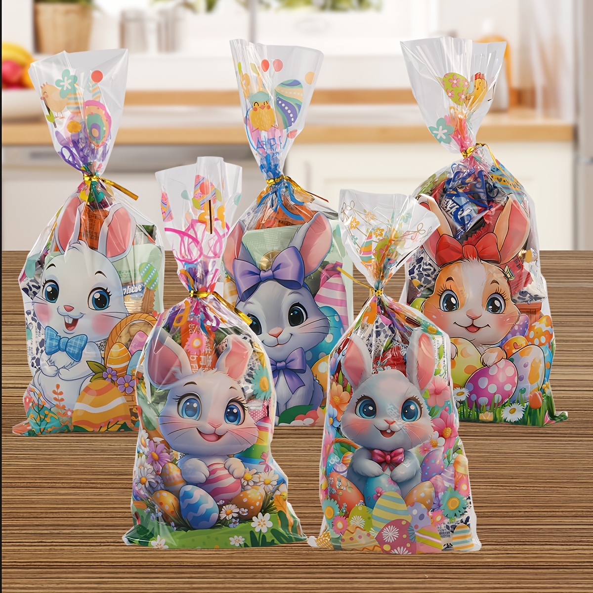 

50pcs Easter Bunny Printed Plastic Gift Bags, Assorted Patterns, For Candy And Treats With No Electricity Needed