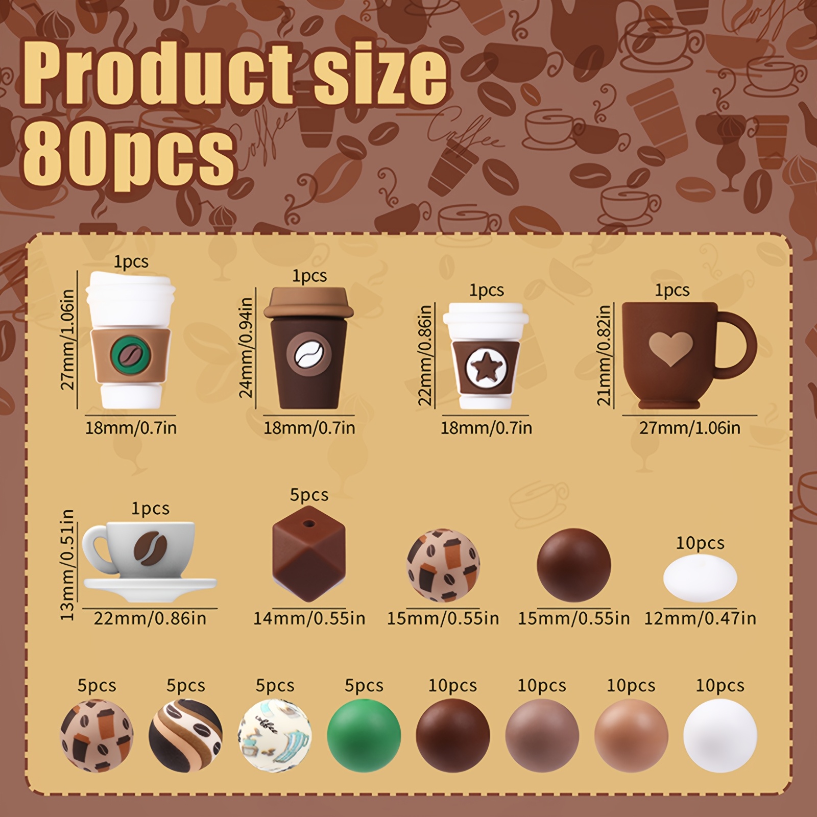 [beads & Bead Assortments] 80pcs 3d Coffee Theme Silicone Beads Set, Coffee Cup Silicone Beads And 15mm Print Round Beads For Lanyard Making Additions
