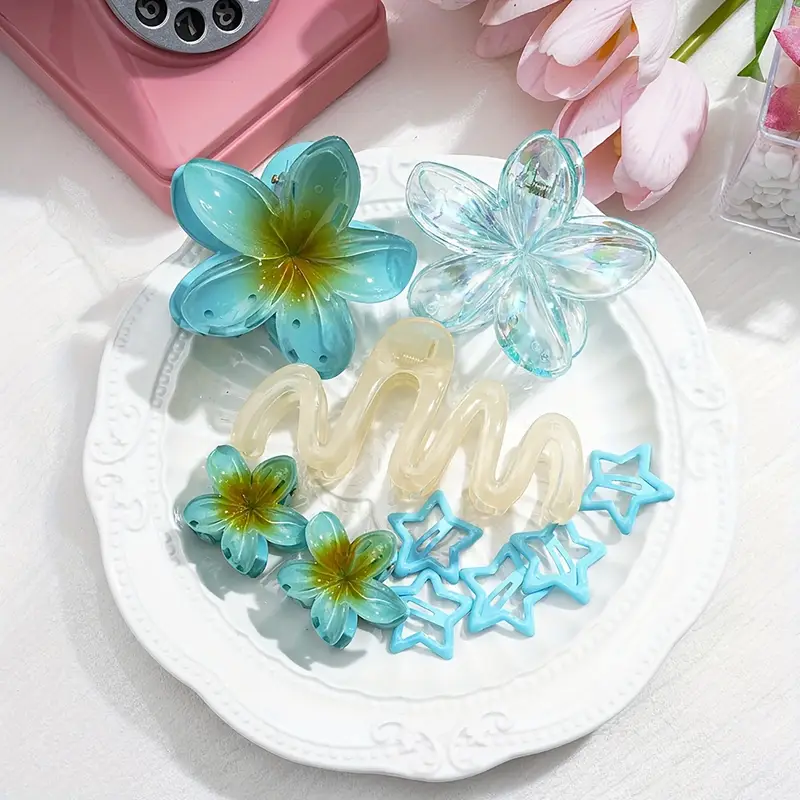 6pcs transparent color hair clips three plumeria combination 6pcs set shark clip transparent color hair clips luxury headdress plumeria hair clips high ponytail clips Product details 2