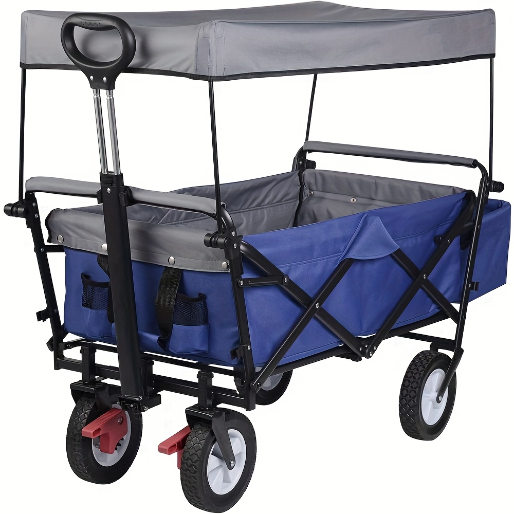1pc Heavy-duty Foldable Utility Cart With Canopy & Braked Wheels - -terrain Metal Wheelbarrow Suitable For Garden, Camping, Outdoor Use - Sun Protection, Foldable, Options (80kg Load Capacity)