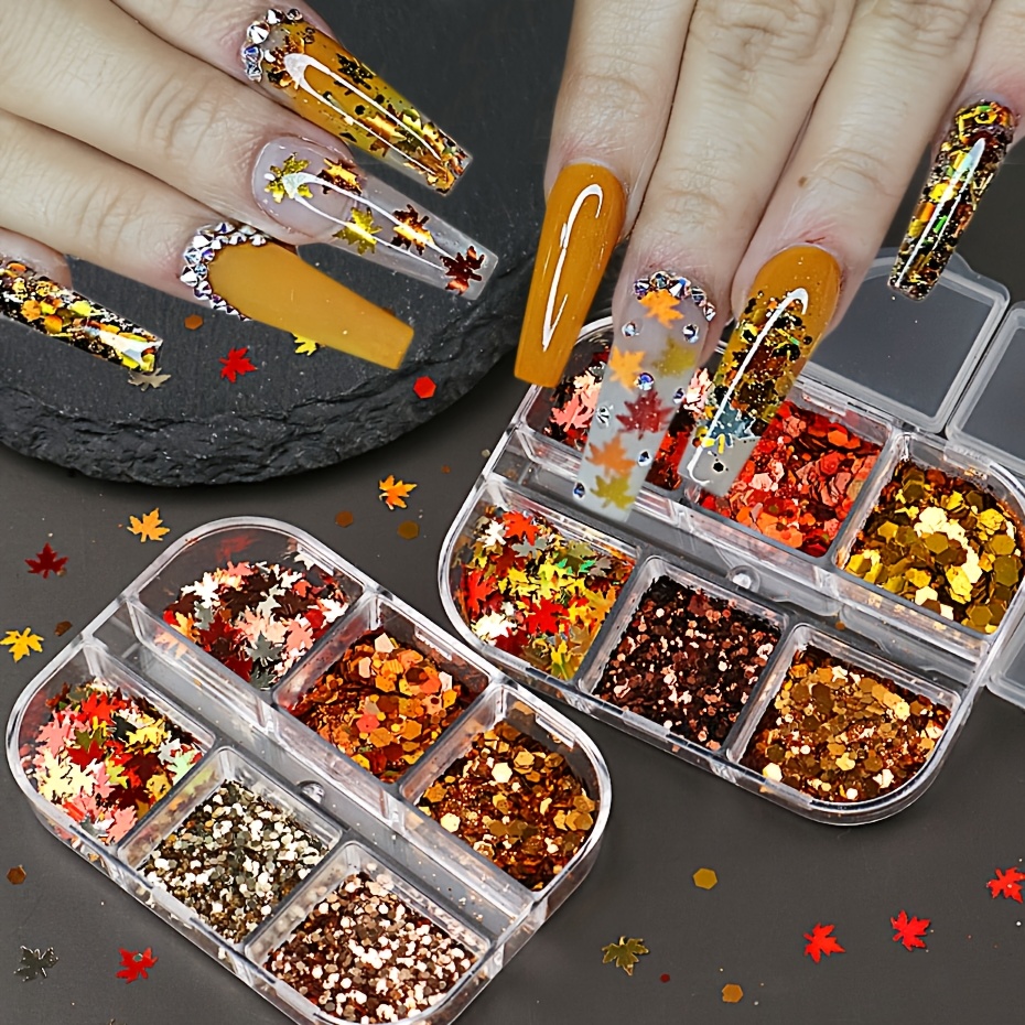 Reddish Brown Tones Fall Maple Leaf Nail Glitter Sequins Set