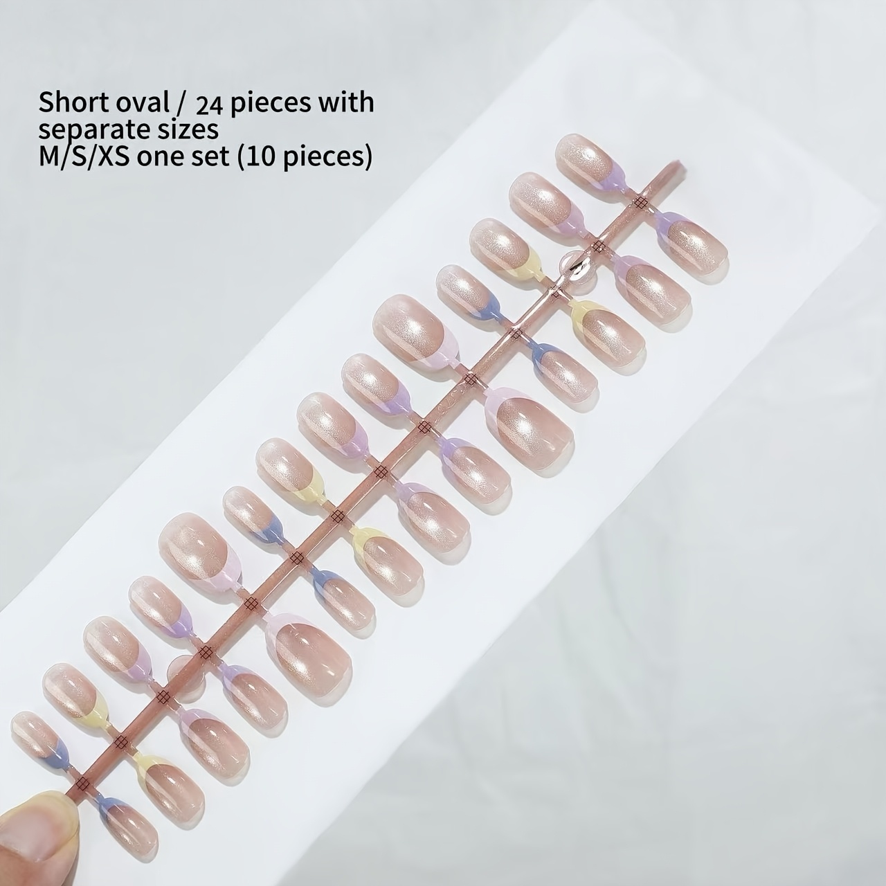 TEMU New Almond-shaped High-end Gentle And Simple Five-color French Gradient -eye Press-on Nails, High-end Contrasting Colors Of Pink, Yellow, Blue,