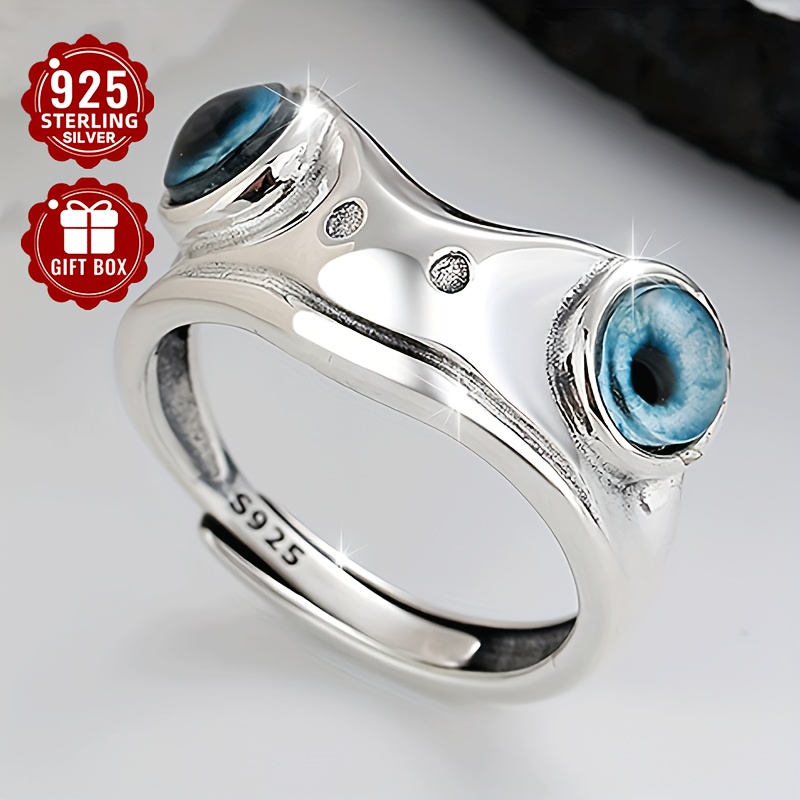 

1pc Vintage Gothic 925 Sterling Silver Animal Frog Shaped Blue Eye Cuff Ring, Unisex Hip Hop Fashion Statement Band For Party And