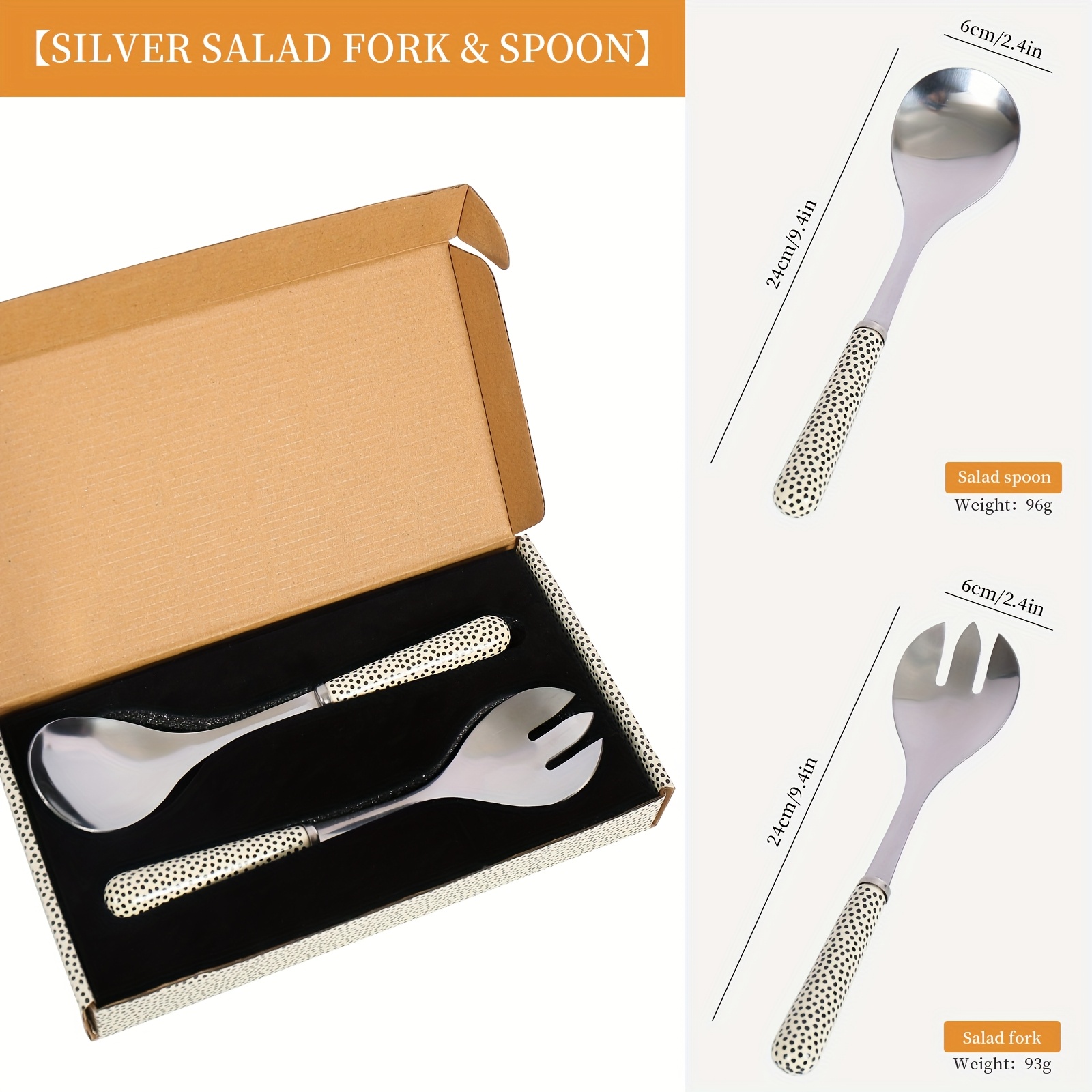 TEMU 2pcs Ceramic Handle Stainless Steel Salad Spoon And Fork Set For Pasta, Western Salads, And More, Buffet Serving Set