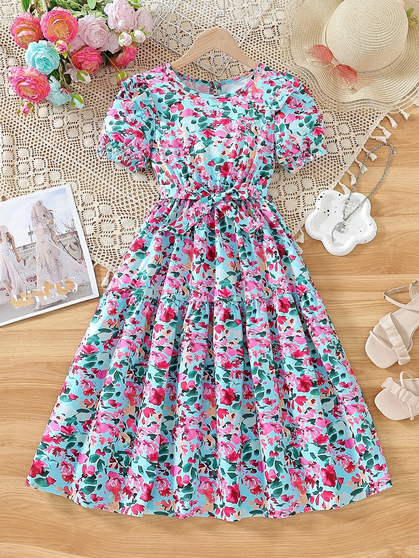 robe fille à imprimé floral manches à volants ceinture col