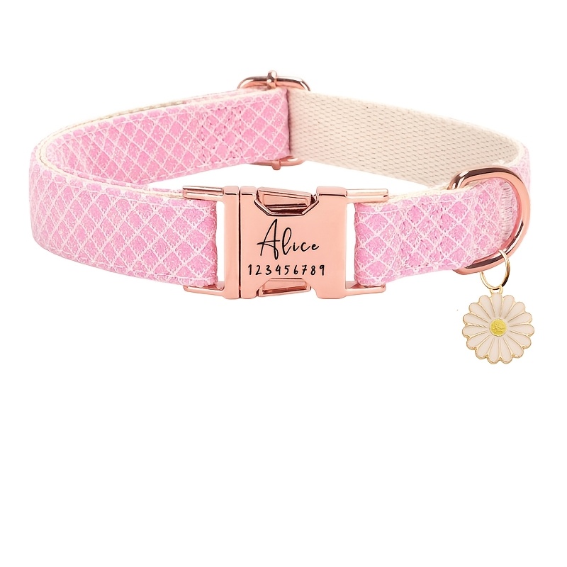 TEMU [customized] 1pc Personalized Diamond Lattice Pet Collar - Release Metal And Daisy Pendant - Customizable Engraved Name And Phone Number Cat Id