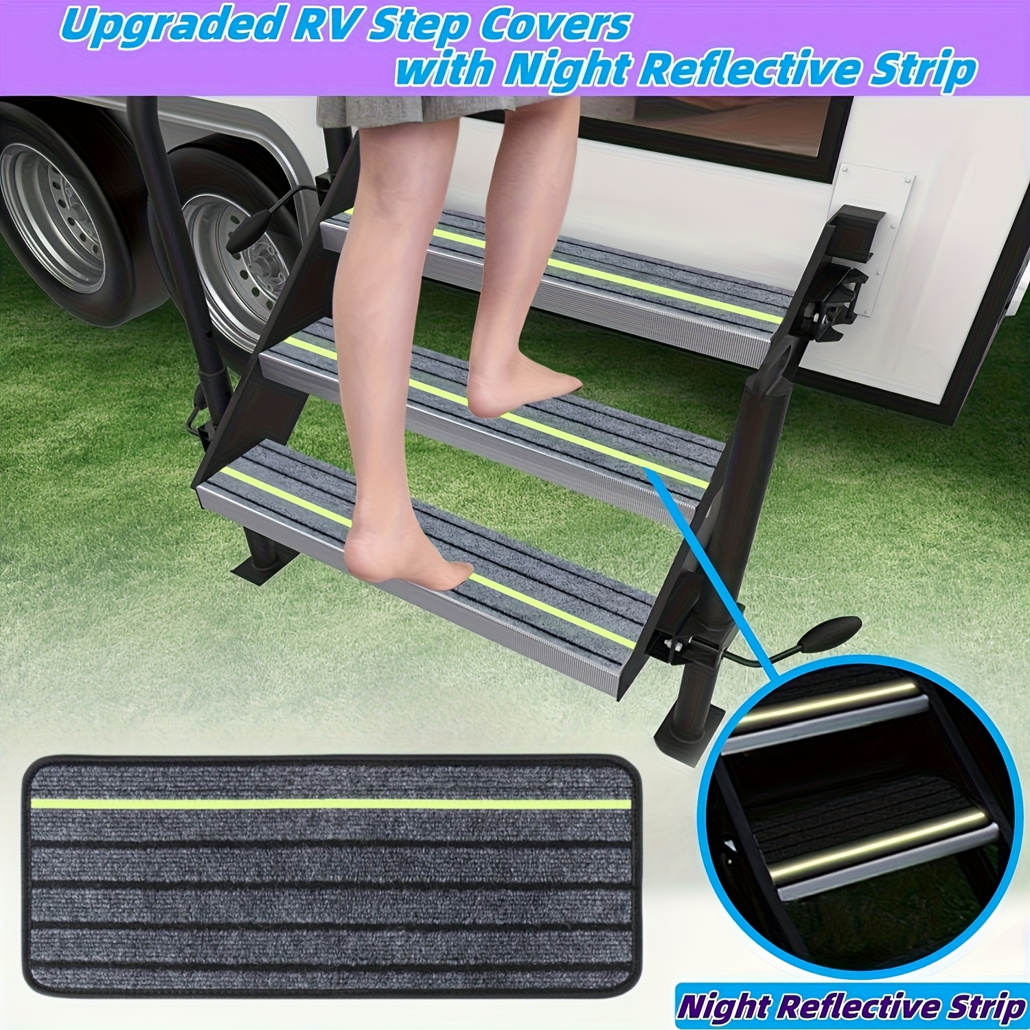 Image of Premium Rv Step Cover, Traction Tape- Durable, Slip-resistant, Reflective Rug Carpet Set For Safety And Style On Travel Trailers, Perfect For , Black Polyester Fiber Construction