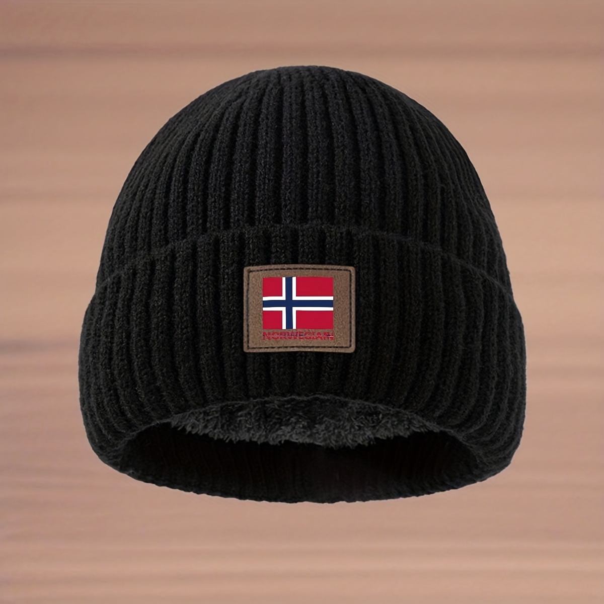A Faux Leather-lined, Plush-lined, Thickened Knitted Hat With A Flag Pattern And "" Lettering. High-stretch Hip-hop Beanie, Trendy Cold-weather Hat, Unisex Ear-protection Hat, Winter Warm Ski Hat