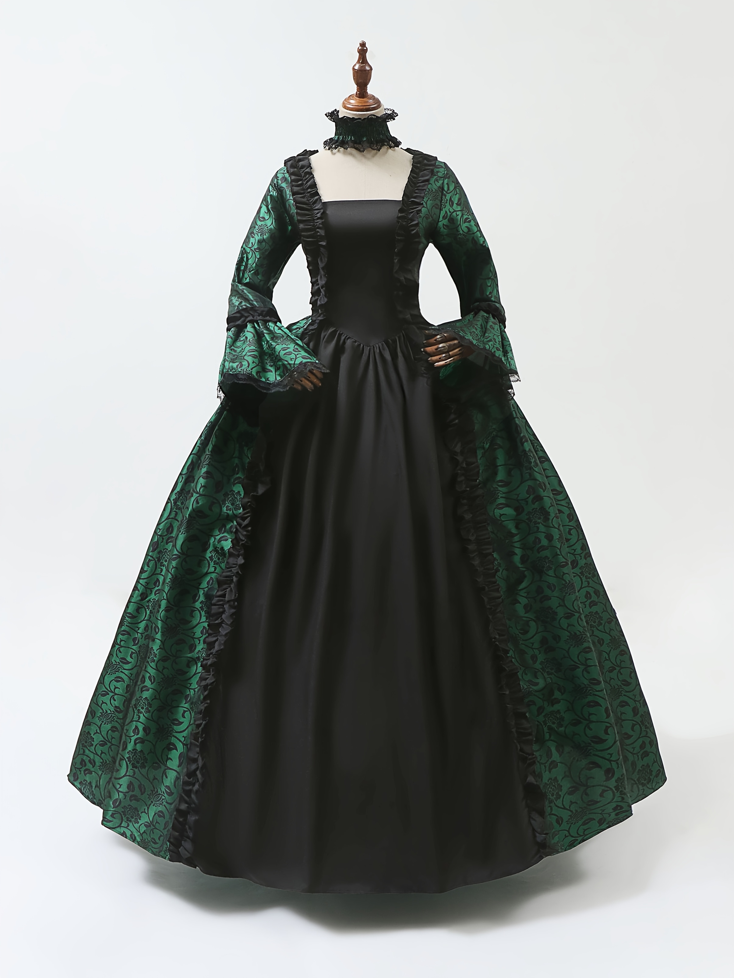 emerald green victorian dress Emerald Green Floral Adorned Rococo Style Dress with Majestic Opulence –  WonderlandByLilian main image 1