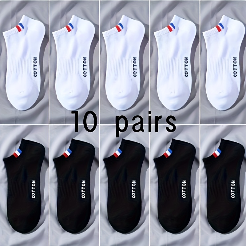 Image of 10 Pairs Of Men's Sports Short Socks, And White Letter Design, Couple Style, Fashionable, Versatile, Comfortable, Sweat-absorbent, Breathable