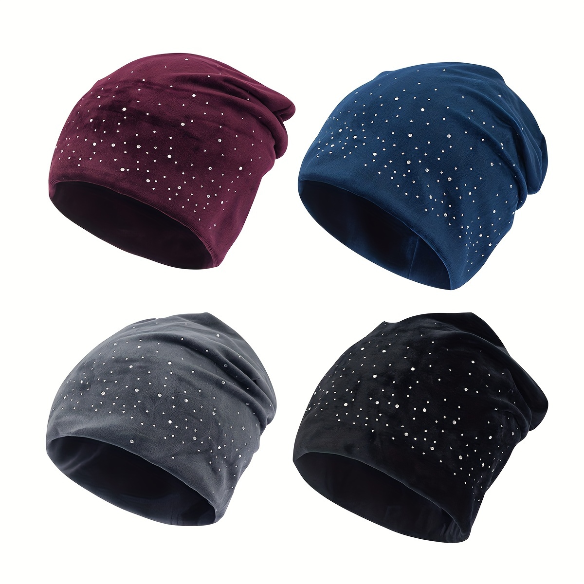 

Premium Cool Retro Versatile Solid Color Beanie Hat, Glitter Rhinestone Decor Soft Silky Knitted Hat