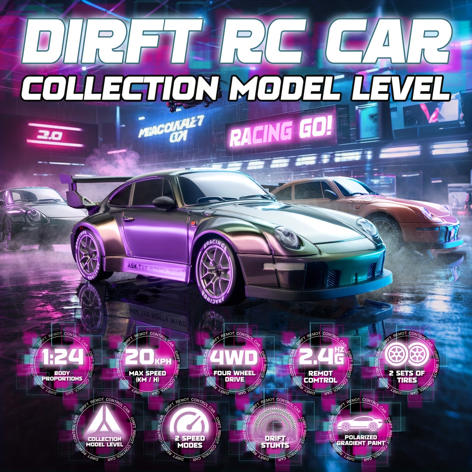 1:24RC Drift Car, Four-color for PORSCHE Car, 20km/h High-speed Rc Car, 4WD RemoteControl Car with Tire Roadblocks And LED Lights Batteries Suitable for Children Over 8 Years Old Birthday, Holiday Gifts
