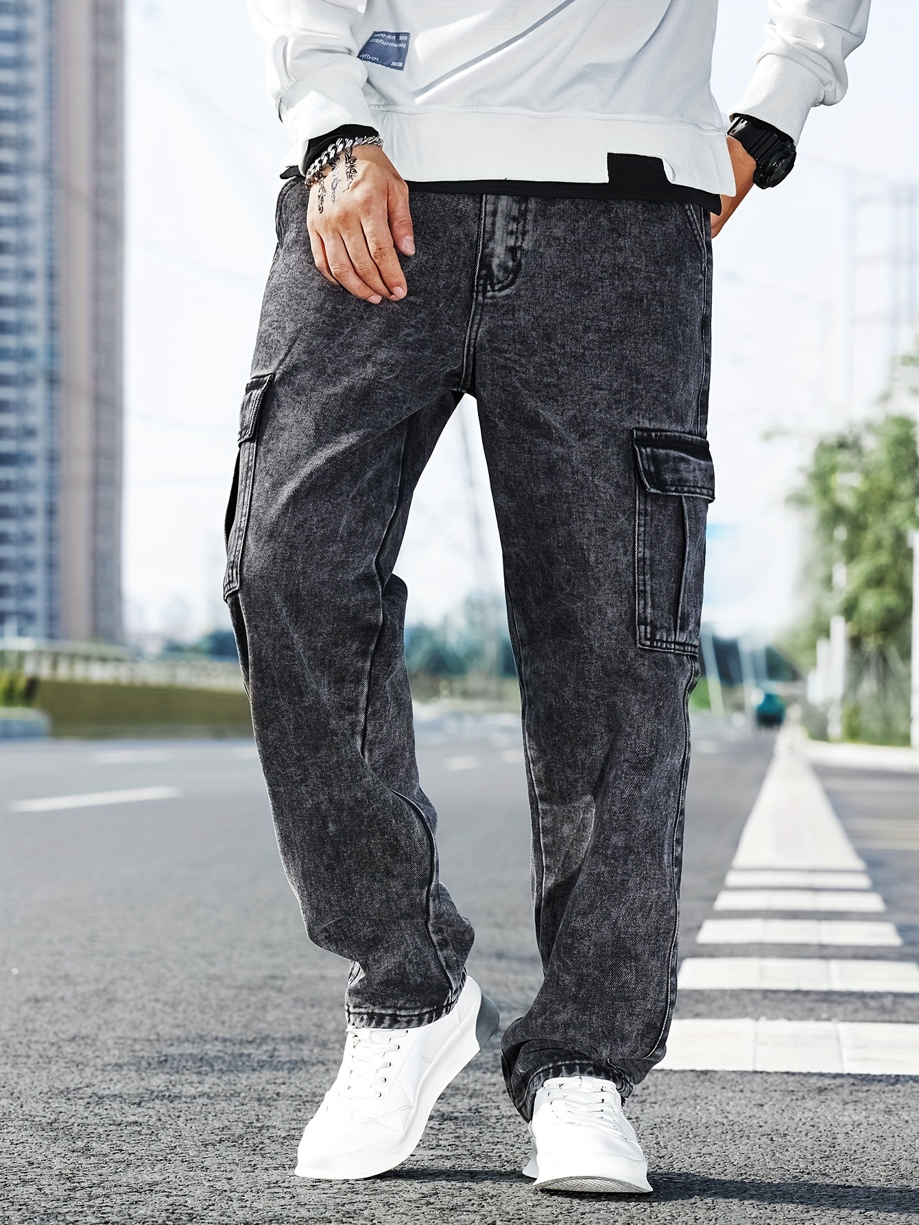 Men'S Casual Cargo Denim Jeans, Mid-Rise with Multiple Pockets, Medium Stretch Straight Leg Pants, All-Season Wear