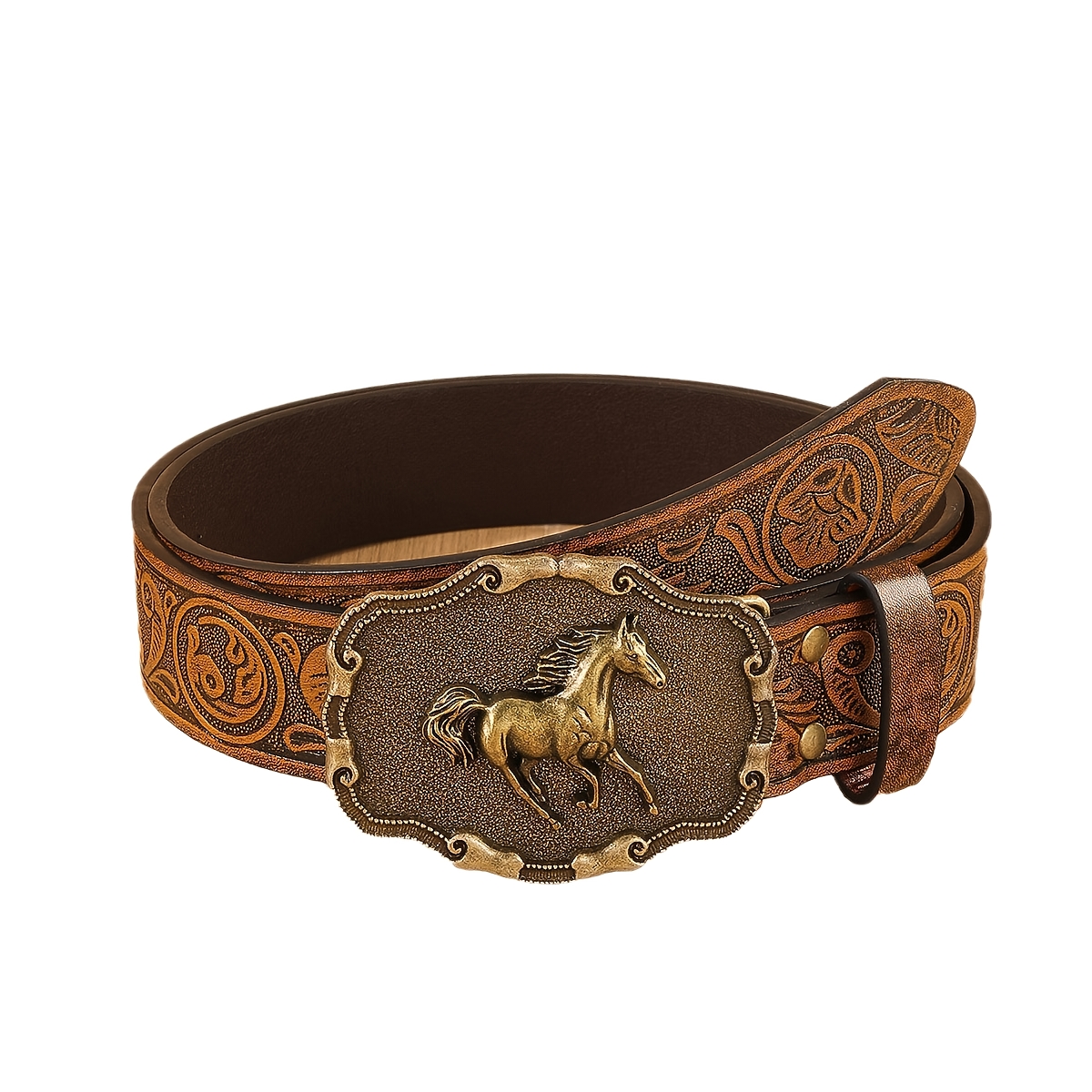 TEMU Floral Engraved Belt Horse Western Style Belt For Men Women