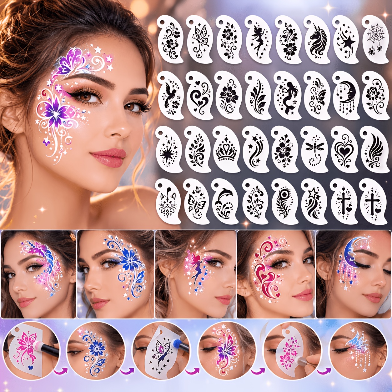 TEMU 32pcs Face Painting Template Set, Reusable Pet Makeup Templates, Easy-to-use Pattern Guides For Beginners, Ideal For Holiday Parties And