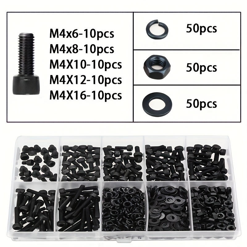 200pcs M4 Metric Screw Classification Kit - Alloy Steel Hexagonal Plug Screws, Nuts & Washers - For Diy Projects & Industrial Use - Ideal Gift For Mechanics & Engineers