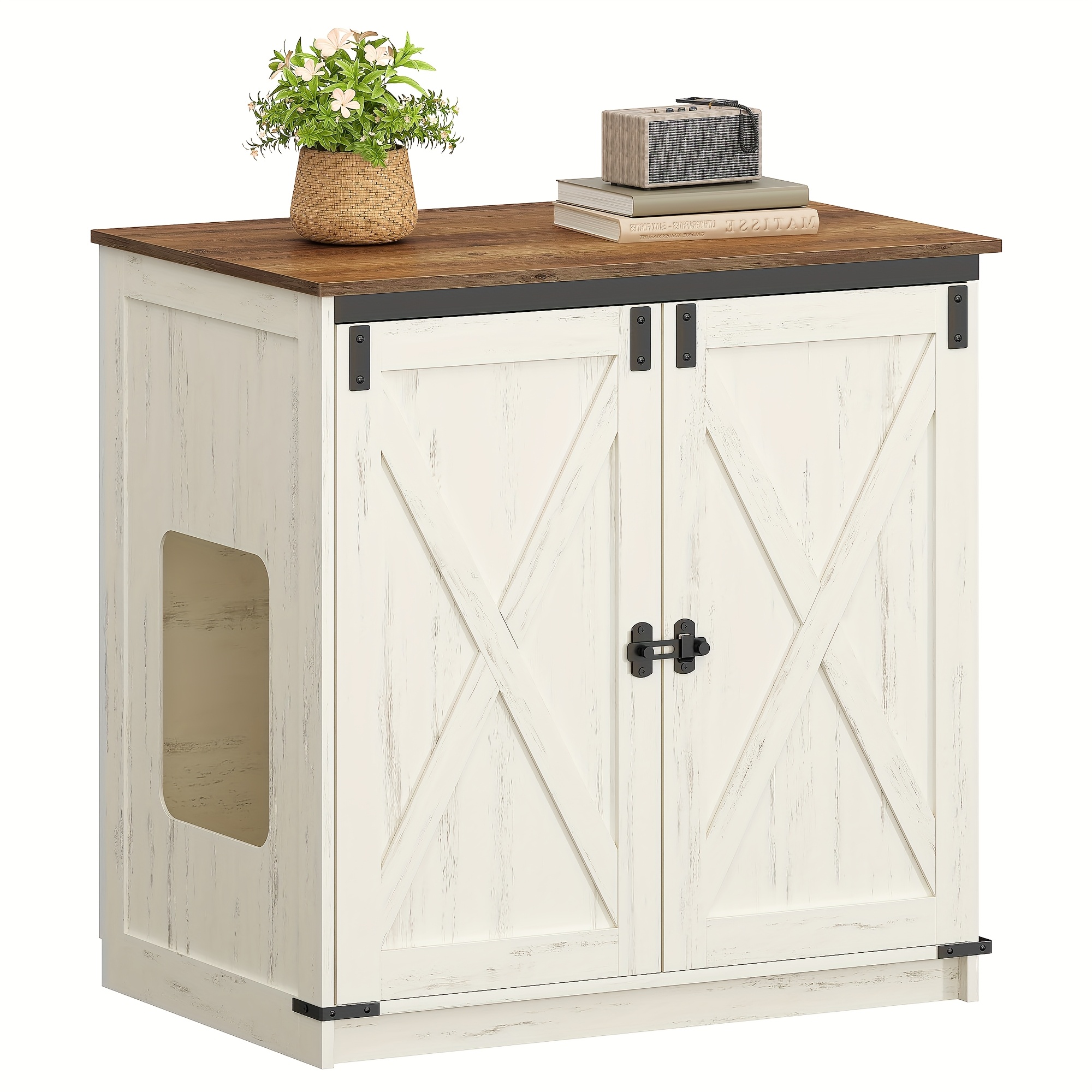Cat Litter Box Cabinet, Hidden Cat Cabinet With Storage Space, Cat House With Magnetic, Farmhouse Style, 80 X 50 X 79.5cm, Suitable For Hallway, Bedroom, /white