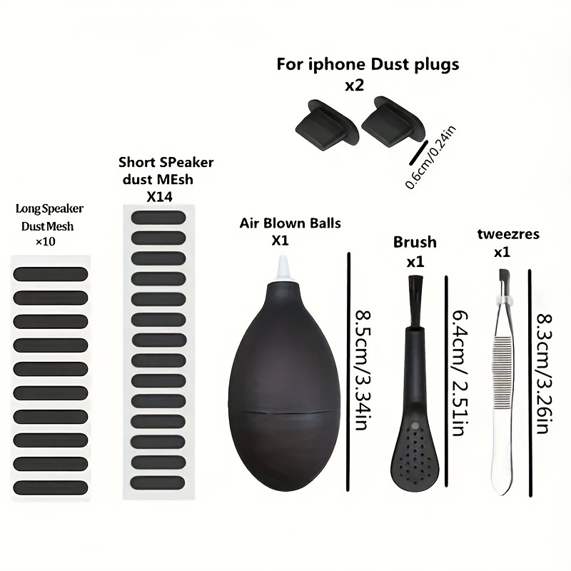 

Dust Plug And Speaker Mesh Cleaning Kit - 7 Piece Set With Air Blower, Brush, Tweezers, And Protective Stickers For Phone Ports And Speakers - No Battery Required