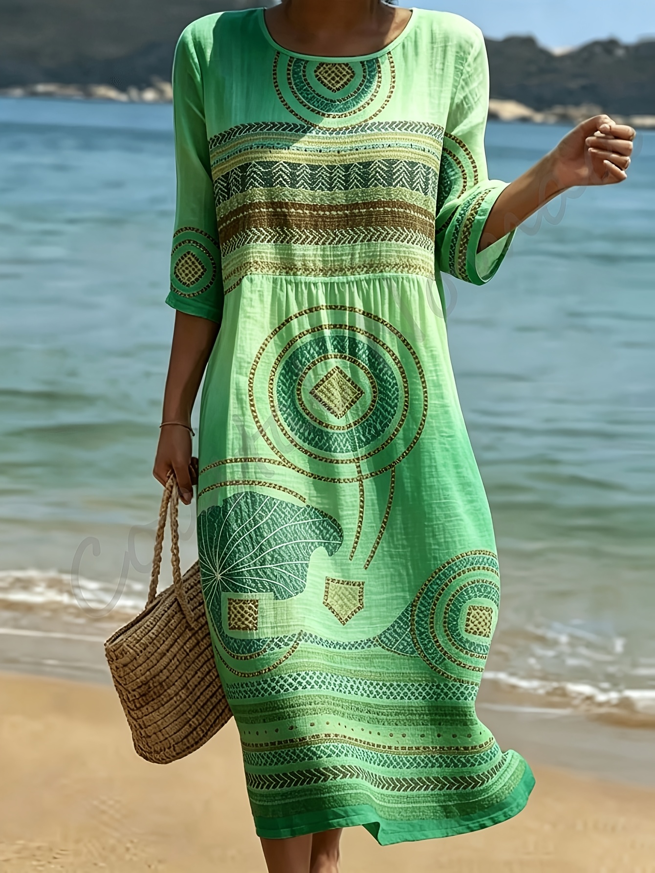 women retro   tribal stripe printed boho dress breathable fiber fabric half sleeve round neck gathered waist beach vacation midi sundress casual travel dress