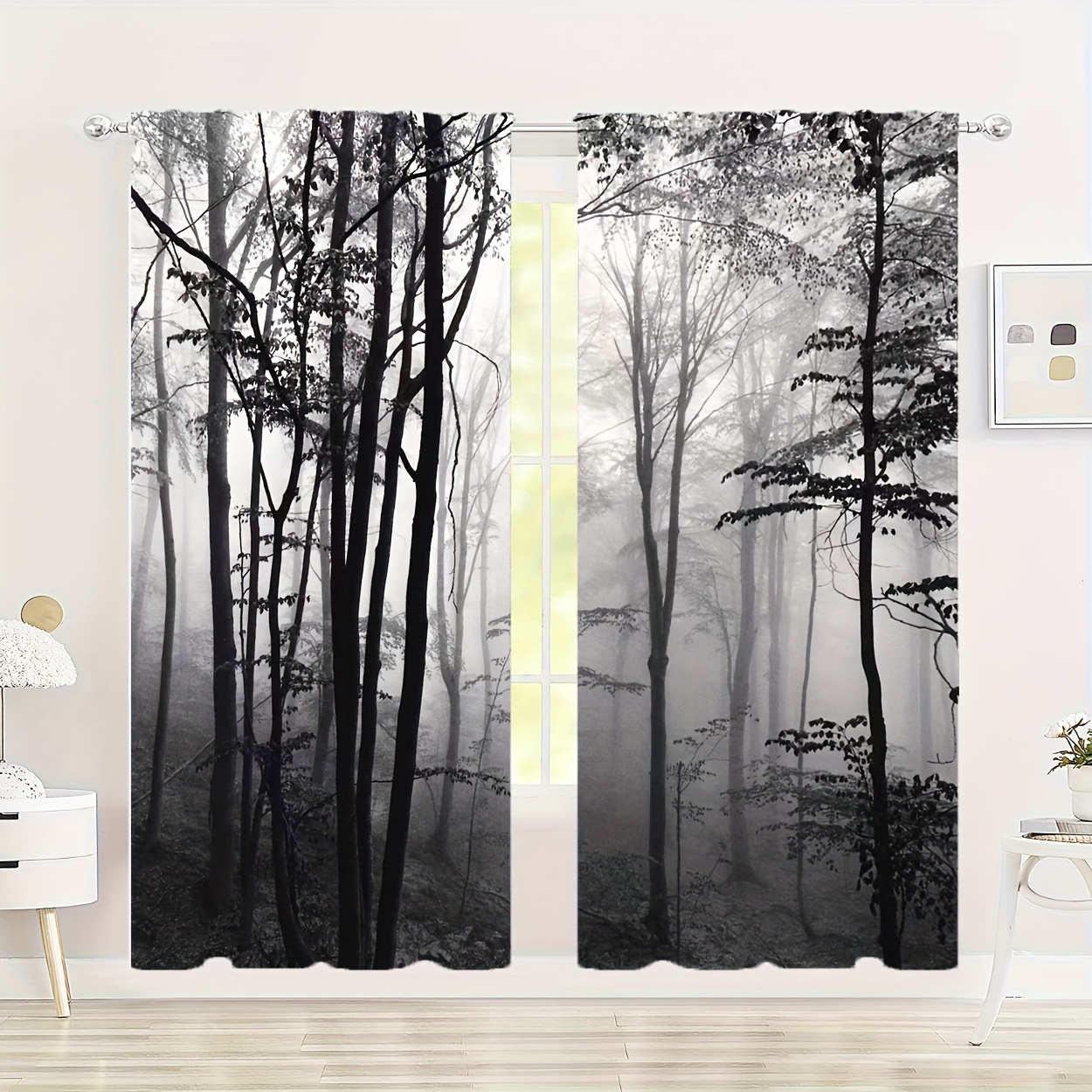 

Theme Black And Mist Pattern -filtering Curtain Panels, Rod For Bedroom, Living Room, Office, And Home Decor, Fade Resistant Polyester Fabric - Set Of 2.