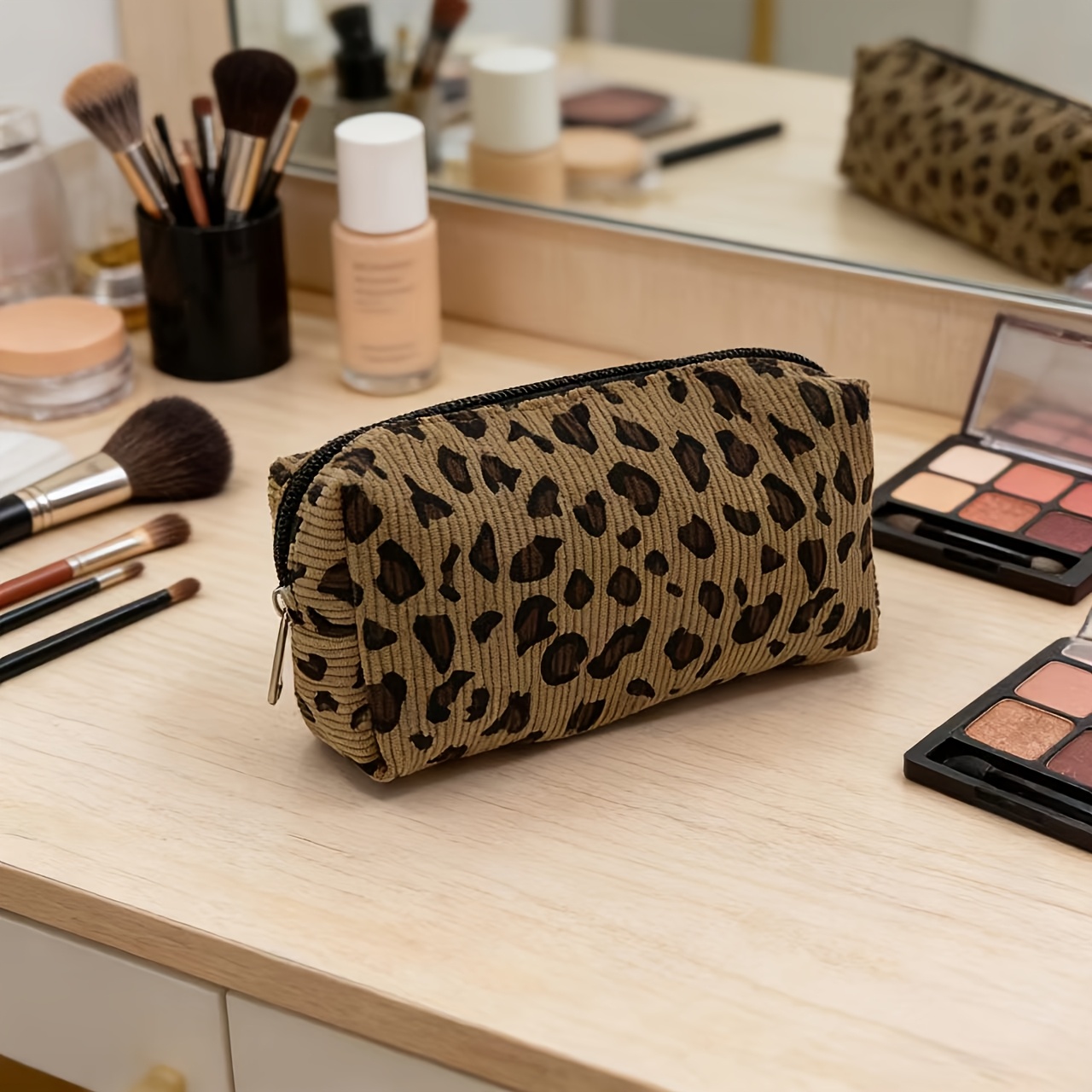 TEMU 1 Corduroy Pencil Case With Leopard Print Design, Smooth Zipper, Durable And Easy To Clean, Scratch-resistant, In Vintageplush Color. A Small