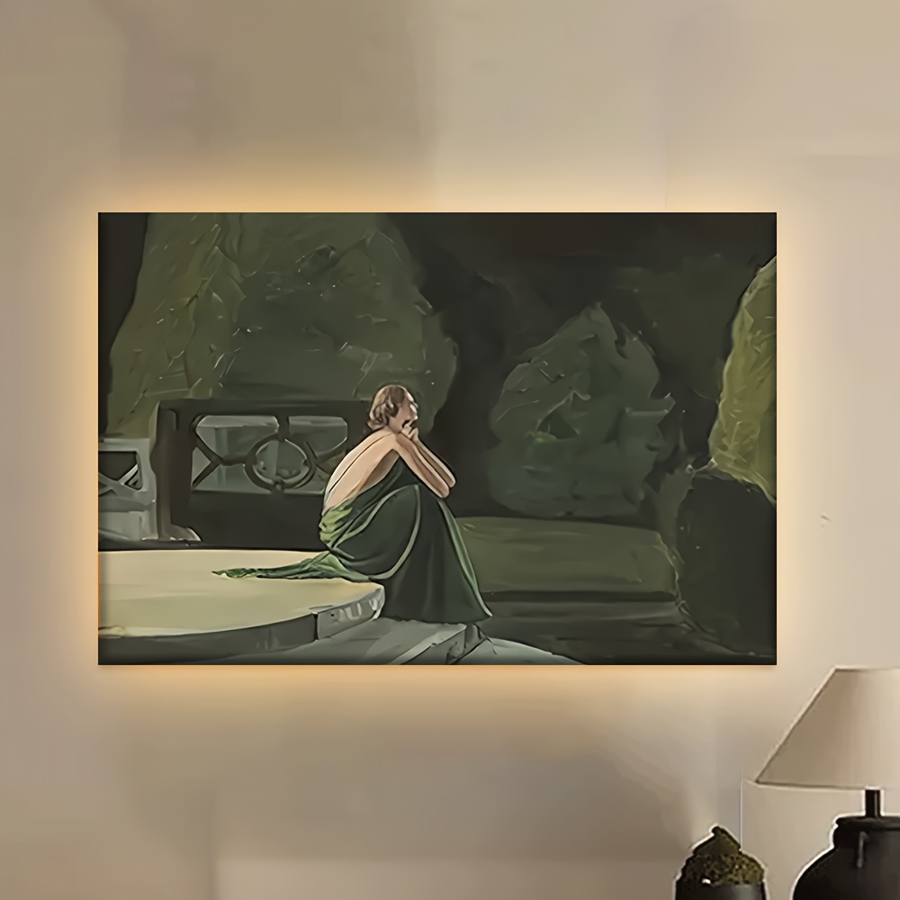 TEMU 1pc Canvas Art Print, Poster Of Woman Dress On Bench, Indoor Wall Decor For Living Room, Library, Office, Cafe, Bar - Ideal For Summer Season,