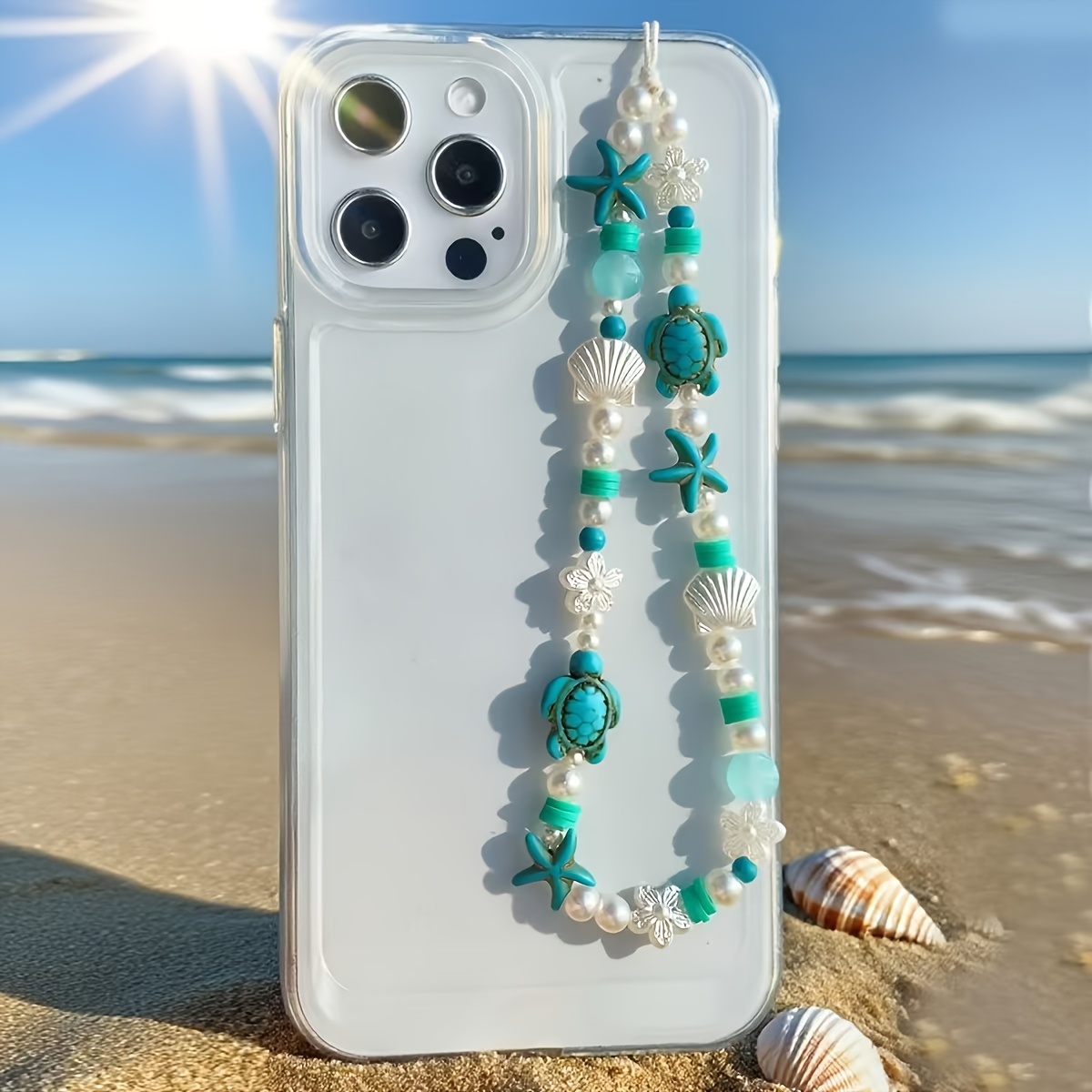 TEMU 1pc Style Seashell Turtle Flower Bead Phone Lanyard, Universal For Phone Cases, Pendant Wristband, Anti-drop Cord, Small Gift For Mom, Family,