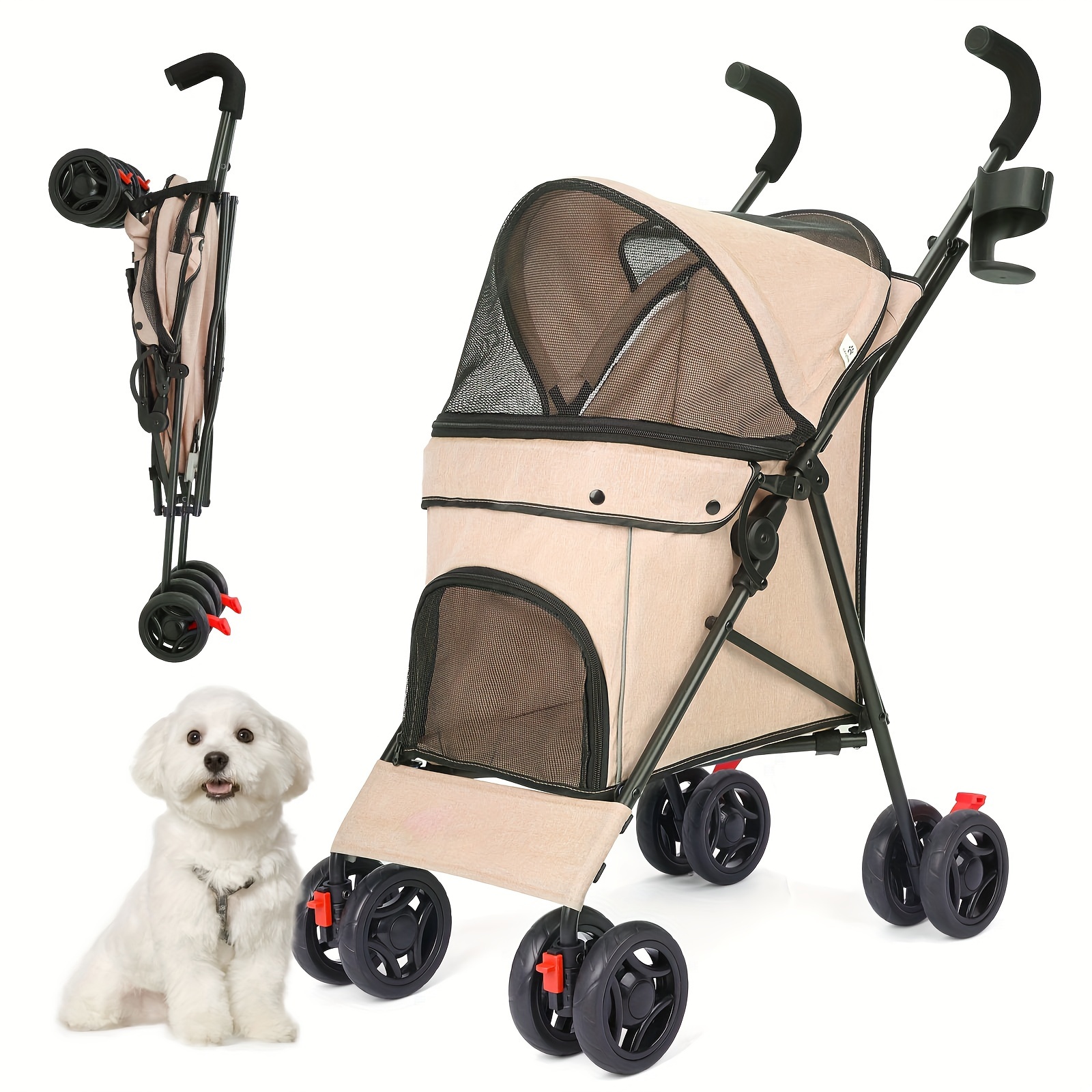 TEMU 4 Wheel Foldable Stroller With Storage Basket, Handle 360° Front Wheel Rear Wheel With Brake For Small Medium
