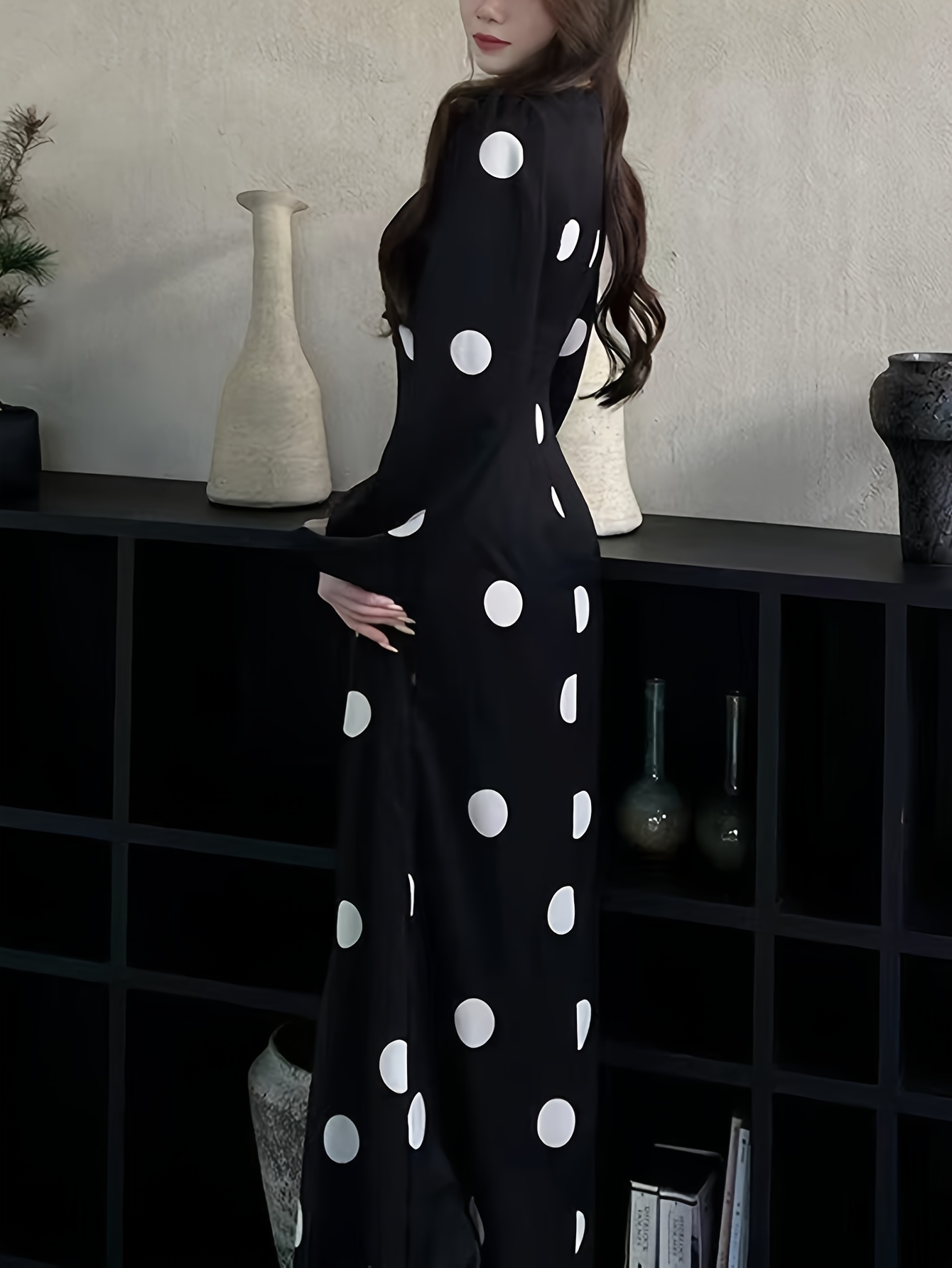 elegant black white polka dot bodycon dress long sleeve v - Temu United  Arab Emirates