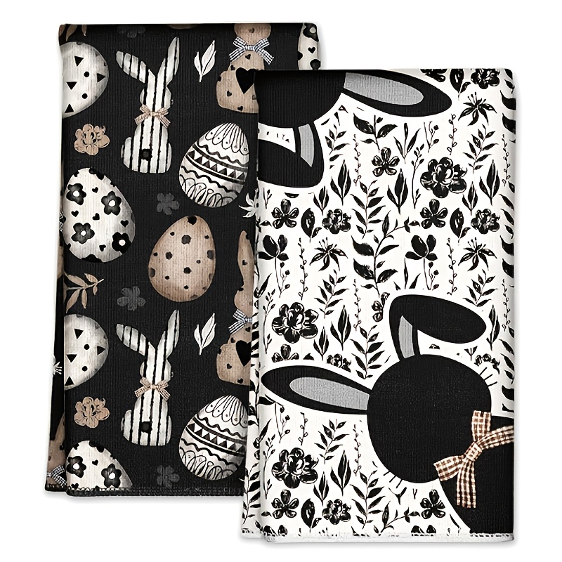 TEMU Cleaning Cloth 2pcs Kitchen Towels, Black Easter Bunny Egg Design Pattern Kitchen Towels, Napkins, Kitchen Bathroom Decor, Washcloth, Machine